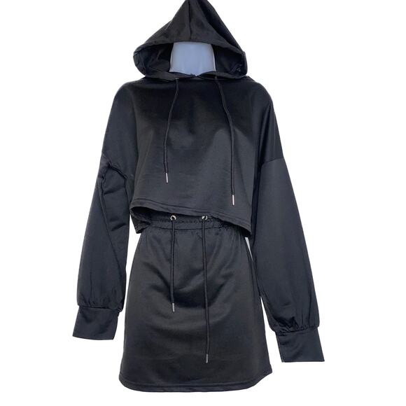 New XS Black 2 Piece Crop Sweater Mini Skirt Set Varsity Drawstring Hoodie Sport - Picture 2 of 6